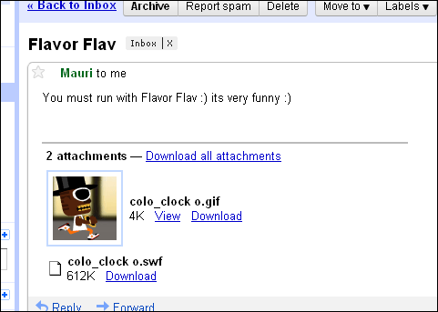 A Gmail screenshot showing an email urging you to "run with Flavor Flav"